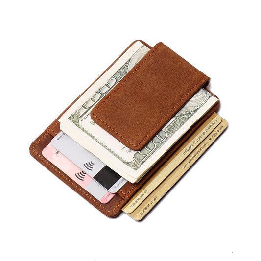 All Leather Money Clip showing 100 dollar bill with credit cards on plain white background