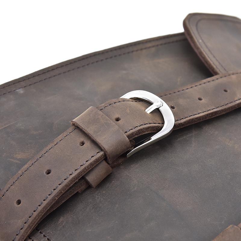 close up picture of Cumberland messenger bag showing stainless steel buckle