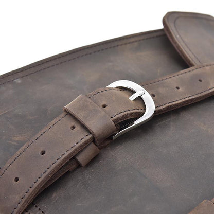 close up picture of Cumberland messenger bag showing stainless steel buckle