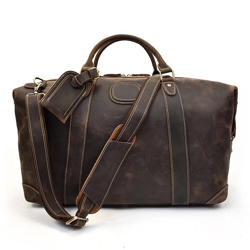 Dark Brown colored Leather Dayton Duffle Bag side view on white background