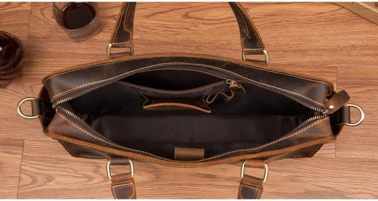 open view of dark brown leather Bryce briefcase showing empty pockets