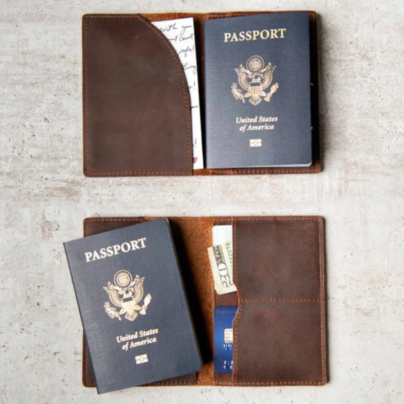 dual pictured Pineland passport leather cover showing passport money and credit cartds