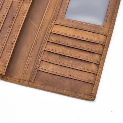 Men's bifold wallet showing it can hold eleven credit cards