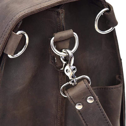 close up of Cumberland messenger bag showing stainless steel clasp for shoulder strap