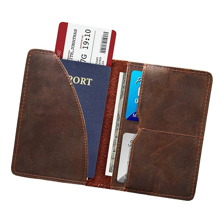 Pineland leather passport cover showing inside of passport, credit cards and money