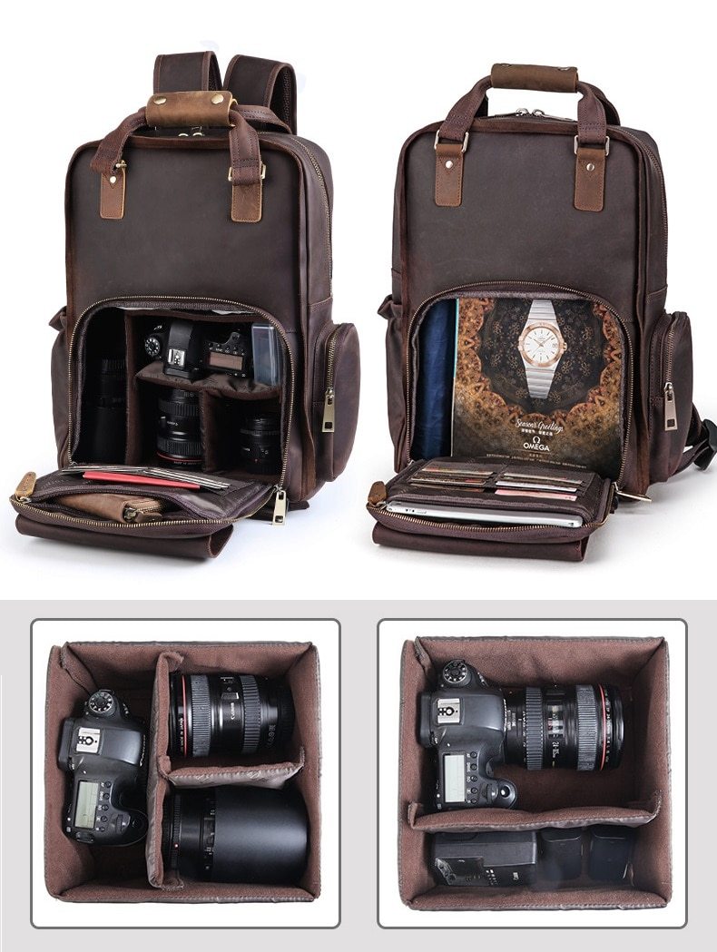 Yosemite Leather Camera Lens Backpack with four pictures showing various compartments and showing lenses and camera 