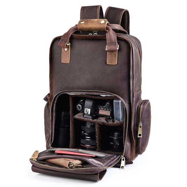 Yosemite Leather Camera Bag backpack with side flap open showing compartments for camera lenses